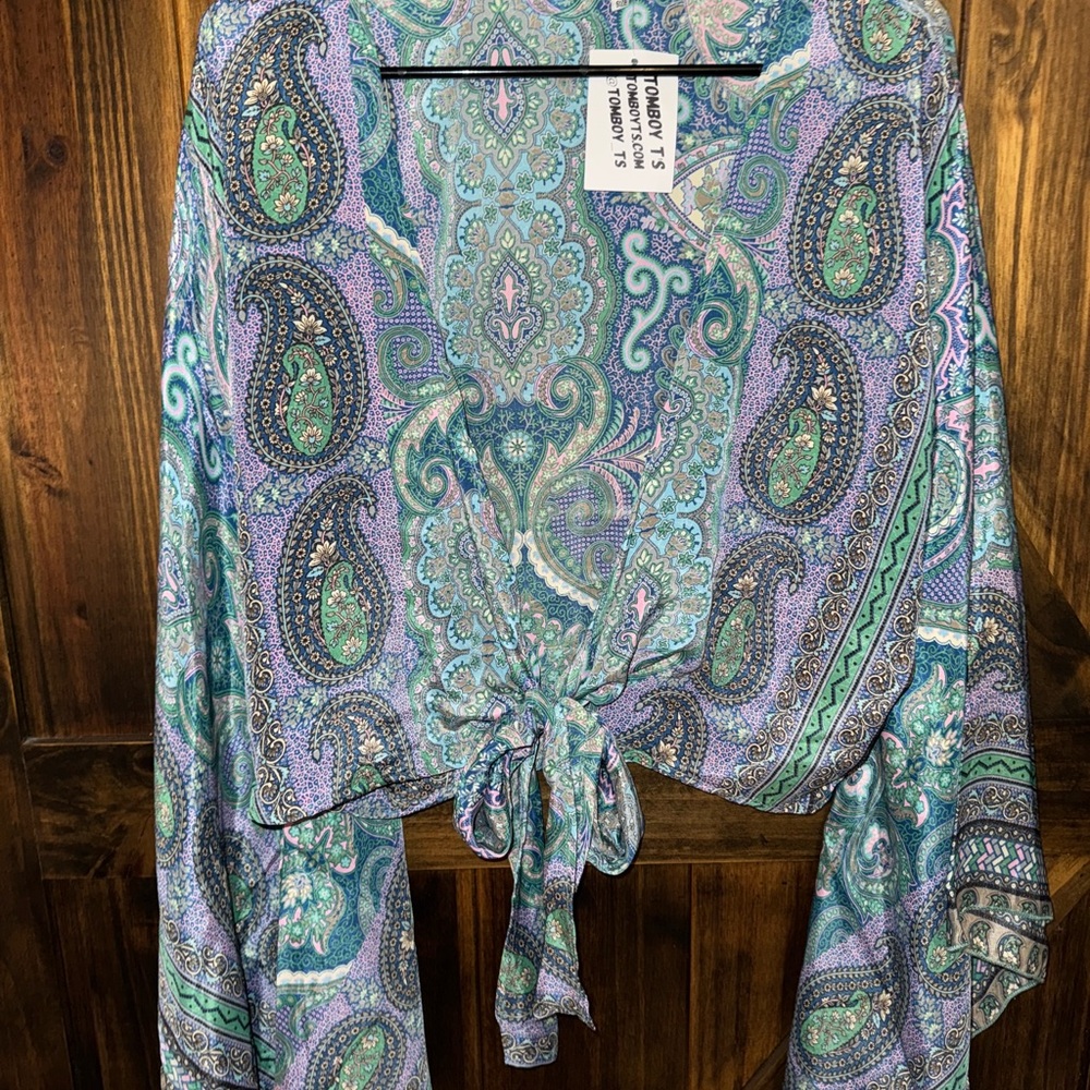 TomboyX Paisley Tie-Front Top - Blue and Green